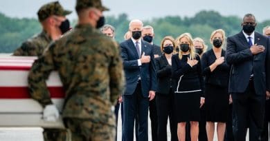 U.S. President Joe Biden and first lady Jill Biden during the transfer of the remains of US military service members who were killed by a suicide bombing at Kabul Airport, at Dover Air Force Base, Aug. 29, 2021. Photo Credit: The White House