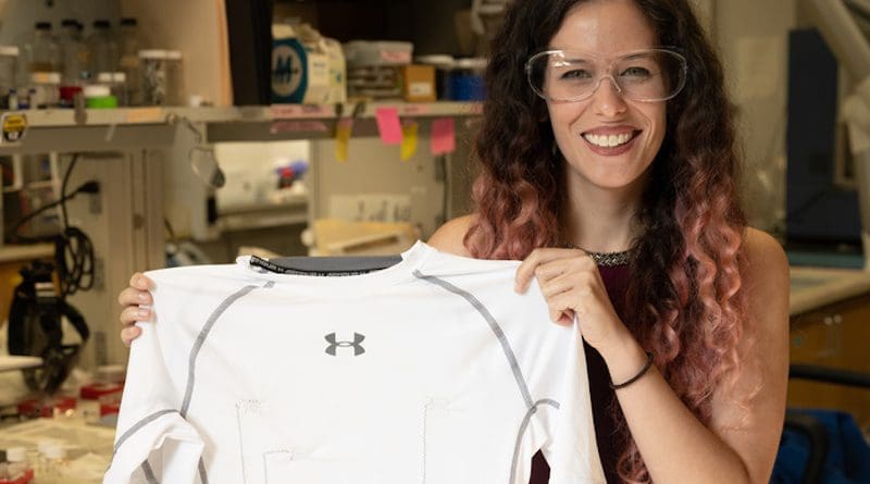 Rice University graduate student Lauren Taylor shows a shirt with carbon nanotube thread that provides constant monitoring of the wearer’s heart. CREDIT: Jeff Fitlow/Rice University