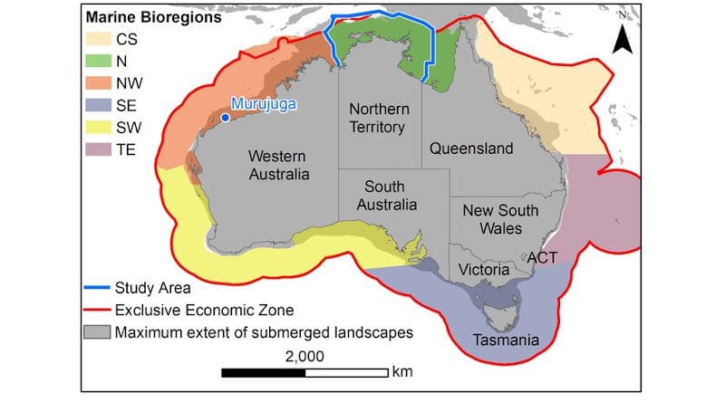 The Study Area relative to the main terrestrial and offshore regions of Australia, based on state and marine bioregions. Contains GEBCO 15 ArcSecond raster data (Public Domain) and Maritime Boundaries Geodatabase: Maritime Boundaries and Exclusive Economic Zones (200NM) (version: 11) (CCBY 4.0). CS = Coral Sea; N = North; NW = North-West; SW = South- West; SE = South-East; TE = Temperate East. CREDIT Credit: Dr John McCarthy in Australian Archaeology. Contains GEBCO 15 ArcSecond raster data (Public Domain) and Maritime Boundaries Geodatabase: Maritime Boundaries and Exclusive Economic Zones (200NM) (version: 11) (CCBY 4.0).
