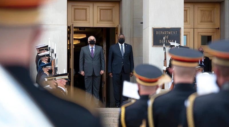 Secretary of Defense Lloyd J. Austin III hosts Qatari Defense Minister Khalid bin Mohamed Al Attiyah at the Pentagon, Aug. 19, 2021. Photo Credit: Lisa Ferdinando, DOD