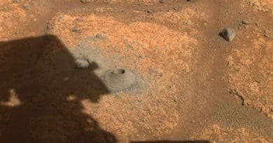 This image taken by one the hazard cameras aboard NASA's Perseverance rover on Aug. 6, 2021, shows the hole drilled in what the rover's science team calls a "paver rock" in preparation for the mission's first attempt to collect a sample from Mars. Credits: NASA/JPL-Caltech