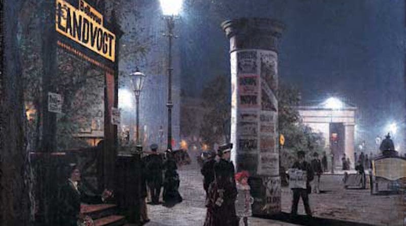 Berlin, 1884. With double the brilliance of gaslight, arc lamps were in high demand for stores and public areas. Arc lighting circuits used up to thousands of volts with arc lamps connected in series. Credit: Detail of painting by Carl Saltzmann - Museumsstiftung Post und Telekommunikation, Wikipedia Commons