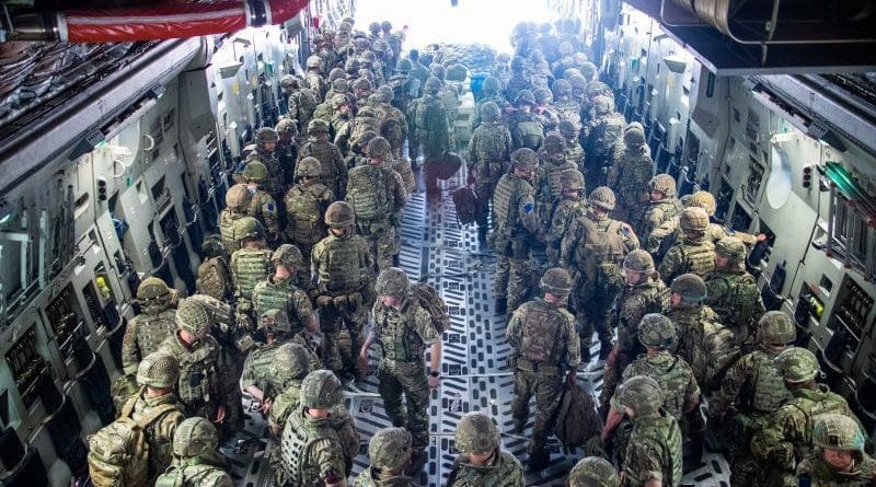 A handout picture provided by the British Ministry of Defence shows British Forces from 16 Air Assault Brigade on arrival in Kabul, Afghanistan, 15 August 2021.