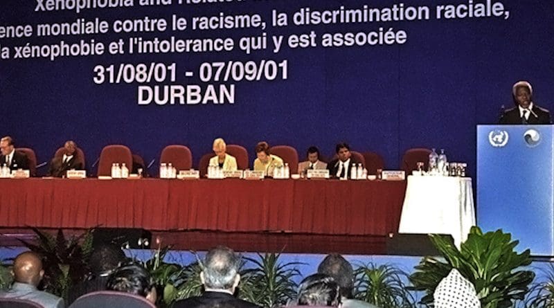 Secretary-General Kofi Annan speaking at the opening of the World Conference Against Racism, Racial Discrimination, Xenophobia and Related Intolerance in Durban. UN Photo/Evan Schneider