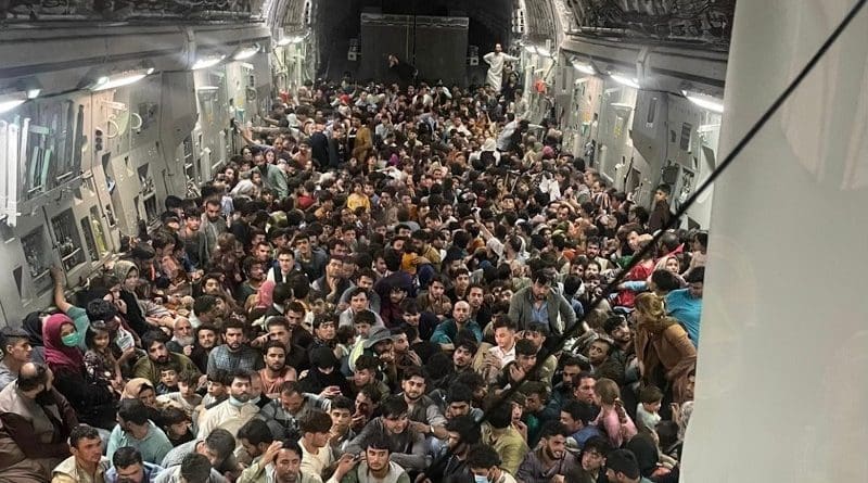 A C-17 evacuating around 640 passengers out of Kabul, Afghanistan on August 15, 2021. Photo Credit: Air Mobility Command Public Affairs, USAF, Wikipedia Commons