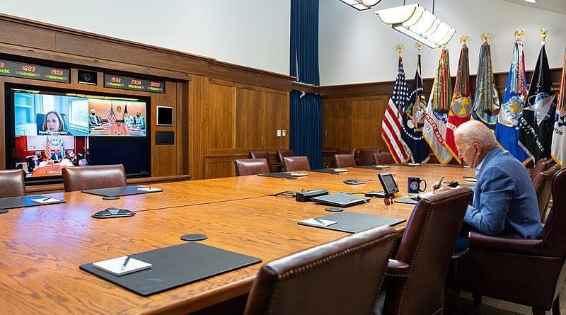 U.S. President Joe Biden and Vice President Kamala Harris holding a video conference with the U.S. National Security team to discuss the situation in Afghanistan. Photo Credit: The White House, Wikipedia Commons