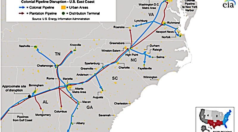 Colonial Pipeline, U.S. East Coast. Credit: EIA