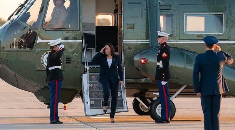 Vice President Kamala Harris salutes U.S. Marines as she disembarks Marine Two at Joint Base Andrews, Maryland. (Official White House Photo by Lawrence Jackson)