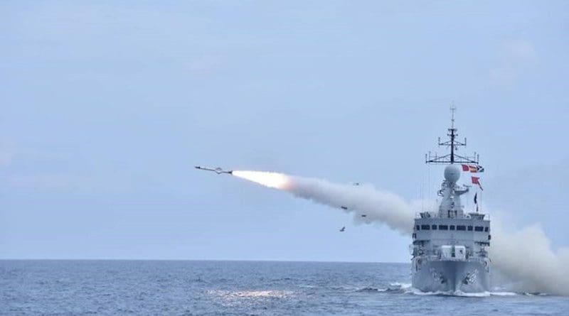 An Exocet MM40 missile is fired from the KD Lekir during the “Taming Sari” exercise by the Malaysian Navy, Aug.12, 2021. [Photo courtesy Royal Malaysian Navy]