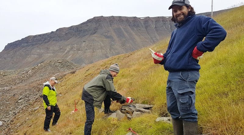 Dominique Fauteux (right) joins Norwegian scientists Stein Tore Pedersen (left) and Rolf Ims in 2019 at one of the grassy ridges on Spitzbergen Island where the voles are found. CREDIT: Eva Fuglei