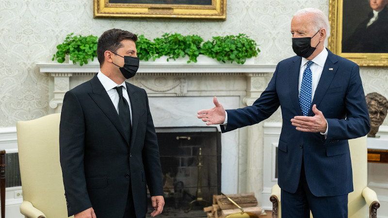 US President Joe Biden with Ukraine's President Volodymyr Zelenskiy at the White House. Photo Credit: The White House