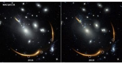 Three views of the same supernova appear in the 2016 image on the left, taken by the Hubble Space Telescope. But they're gone in the 2019 image. The distant supernova, named Requiem, is embedded in the giant galaxy cluster MACS J0138. The cluster is so massive that its powerful gravity bends and magnifies the light from the supernova, located in a galaxy far behind it. Called gravitational lensing, this phenomenon also splits the supernova's light into multiple mirror images, highlighted by the white circles in the 2016 image. The multiply imaged supernova disappears in the 2019 image of the same cluster, at right. The snapshot, taken in 2019, helped astronomers confirm the object's pedigree. Supernovae explode and fade away over time. Researchers predict that a rerun of the same supernova will make an appearance in 2037. The predicted location of that fourth image is highlighted by the yellow circle at top left. The light from Supernova Requiem needed an estimated 10 billion years for its journey, based on the distance of its host galaxy. The light that Hubble captured from the cluster, MACS J0138.0-2155, took about four billion years to reach Earth. The images were taken in near-infrared light by Hubble's Wide Field Camera 3. Credits: IMAGE PROCESSING: Joseph DePasquale (STScI)