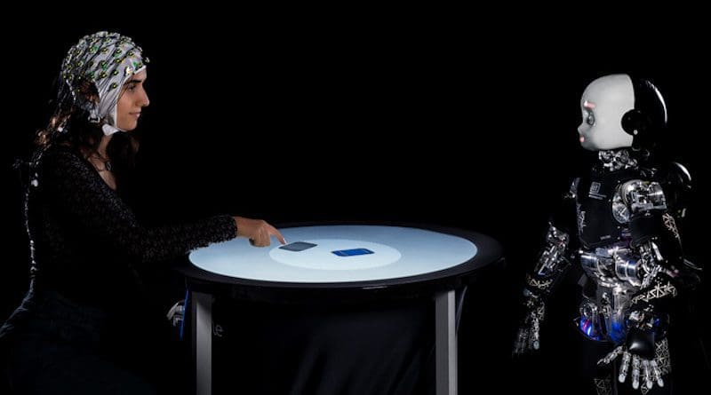 Illustration of a human and a humanoid robot engaged in a competitive game, as reported in Belkaid et al. “Mutual gaze with a robot affects human neural activity and delays decision-making processes” (Science Robotics). The human is playing against the robot while her brain activity is being measured with electroencephalogram (EEG). CREDIT: IIT-Istituto Italiano di Tecnologia