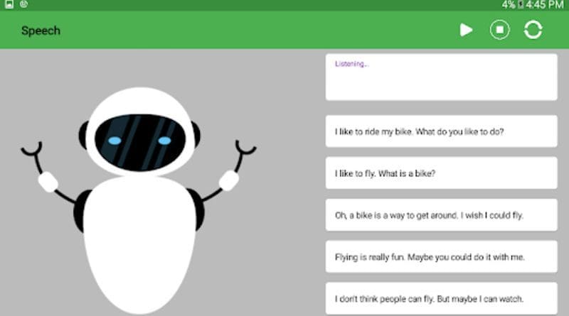 A team led by University of Washington studied whether hanging out with conversational agents, such as Alexa or Siri, could affect the way children communicate with their fellow humans. For the first part of the study, children spoke to a simple animated robot or cactus on a tablet screen that also displayed the text of the conversation. Shown here is a screenshot of a prototype of the interface. CREDIT: University of Washington