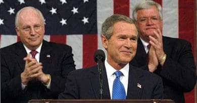 US President George W. Bush delivers 2003 State of Union speech, with Vice President Dick Cheney to left, and Speaker of the House Dennis Hastert to the right. White House photo by Eric Draper