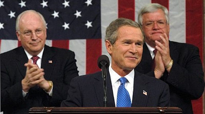US President George W. Bush delivers 2003 State of Union speech, with Vice President Dick Cheney to left, and Speaker of the House Dennis Hastert to the right. White House photo by Eric Draper