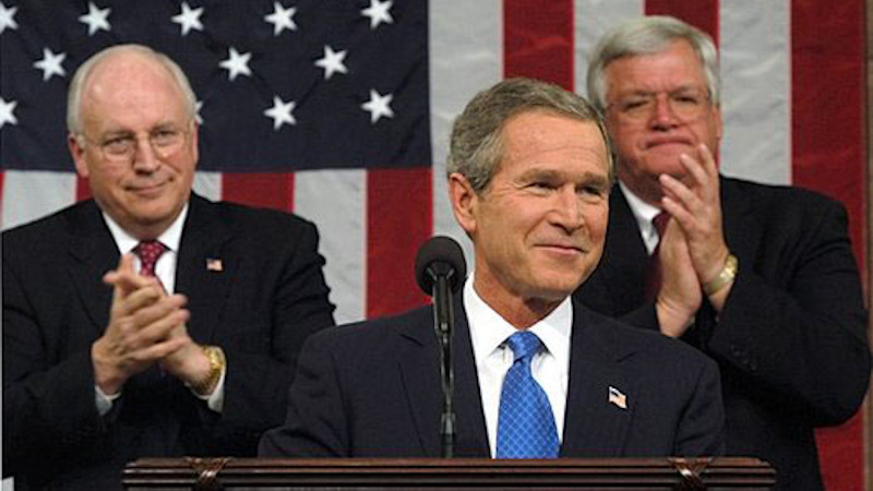 US President George W. Bush delivers 2003 State of Union speech, with Vice President Dick Cheney to left, and Speaker of the House Dennis Hastert to the right. White House photo by Eric Draper