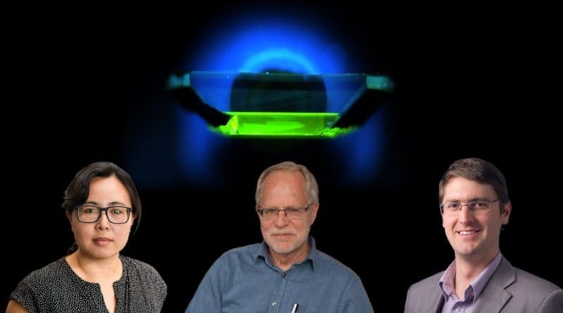 Co-doping diamond collaborators from left: Princeton Prof. Nathalie de Leon; David Graves, PPPL associate laboratory director for low temperature plasma surface interactions; Alastair Stacey of Australia’s Royal Melbourne Institute of Technology, with ultraviolet image showing emission from diamond color centers behind them. CREDIT From left: Sameer Khan/Fotobuddy; Elle Starkman/Office of Communications; photo courtesy of Alastair Stacey. Ultraviolet image courtesy of Science magazine; collage by Kiran Sudarsanan for Office of Communications.