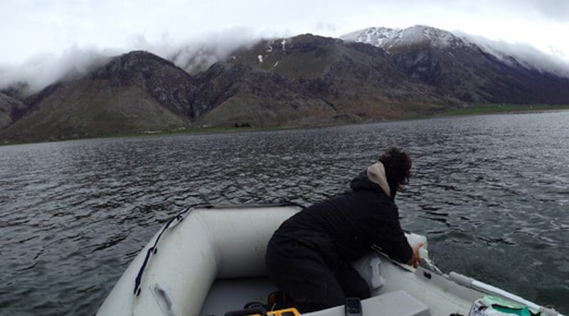 The researchers trawl the surface waters of a European lake for plastic and fiber pollution. CREDIT: Tanentzap AJ et al., 2021, PLOS Biology, CC BY 4.0