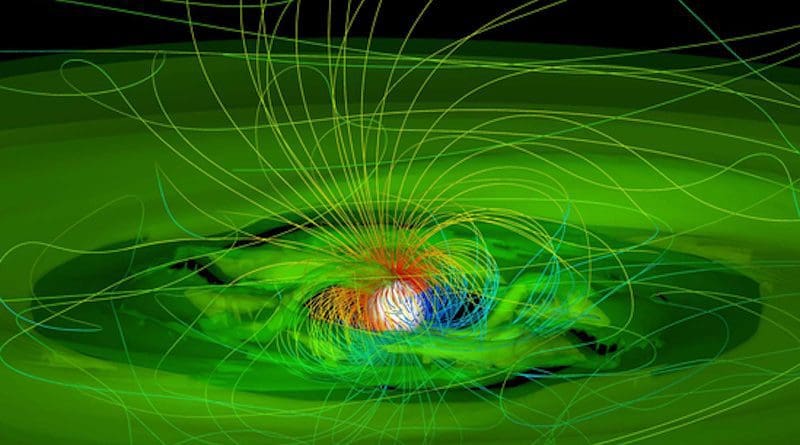 This image depicts a young star named GM Aur eating up gas and dust particles of a protoplanetary disk, which is represented by the green material surrounding the bright star. CREDIT: Image by M. M. Romanova