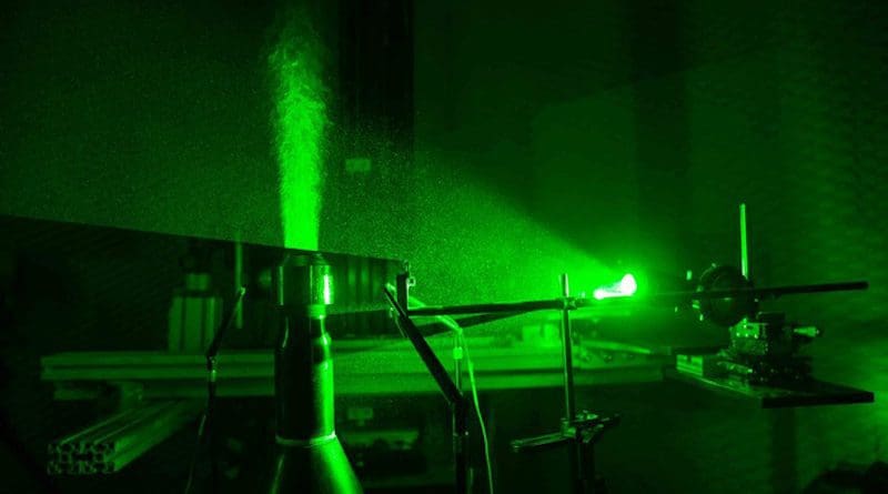 Lasers illuminate the plume of a scale-model F-18 Super Hornet jet engine in a University of Cincinnati aeroacoustics lab. UC engineers developed a new engine nozzle that muffles the noise from jet engines without hindering performance. CREDIT: Andrew Higley/UC Creative