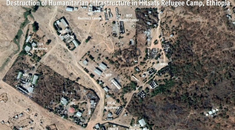 Satellite image collected after the destruction of Hitsats refugee camp, in Ethiopia’s northern Tigray region offers a snapshot of the extensive damage to humanitarian infrastructure. Satellite image from January 27, 2021. © Maxar Technologies. Source: Google Earth. Analysis and graphic © Human Rights Watch.