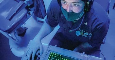 Sailor monitors subsurface contacts while standing watch in sonar control room aboard Arleigh Burke–class guided-missile destroyer USS John S. McCain during target-tracking training evolution as part of Malabar 2020, Indian Ocean, November 3, 2020 (U.S. Navy/Markus Castaneda)