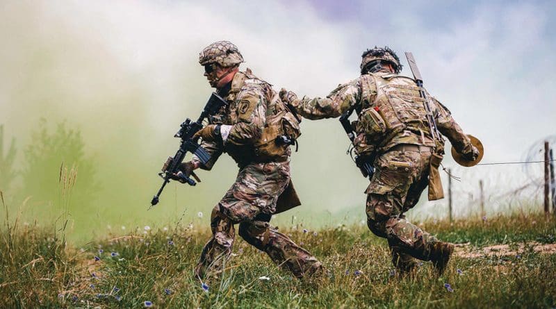 U.S. Army paratroopers assigned to 2nd Battalion, 503rd Infantry Regiment, 173rd Airborne Brigade, emplace brazier charge during exercise Rock Shock 2, in Grafenwoehr Training Area, August 12–13, 2019 (U.S. Army/Ryan Lucas)
