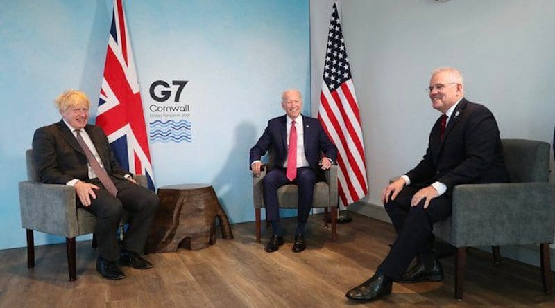 Boris Johnson, Joe Biden and Scott Morrison at the G7 summit in June. (Twitter Photo)
