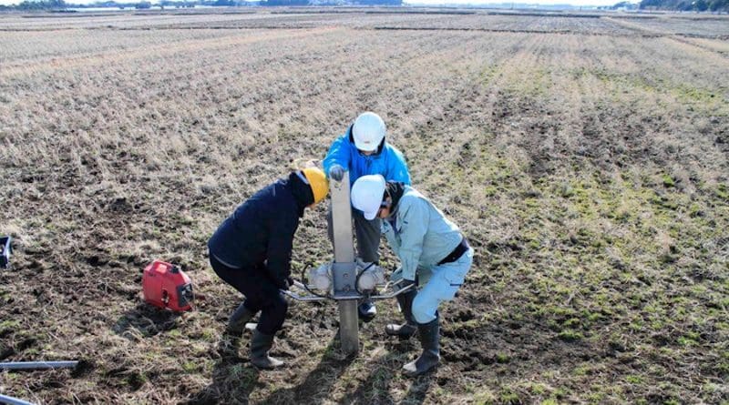 Virginia Tech and Japanese researchers extract sediment core from the Kujukuri coastal plain in Japan. CREDIT: Tina Dura