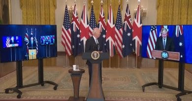 US President Joe Biden with Australia's Prime Minister Scott Morrison (left) and UK Prime Minister Boris Johnson. Photo Credit: White House video screenshot