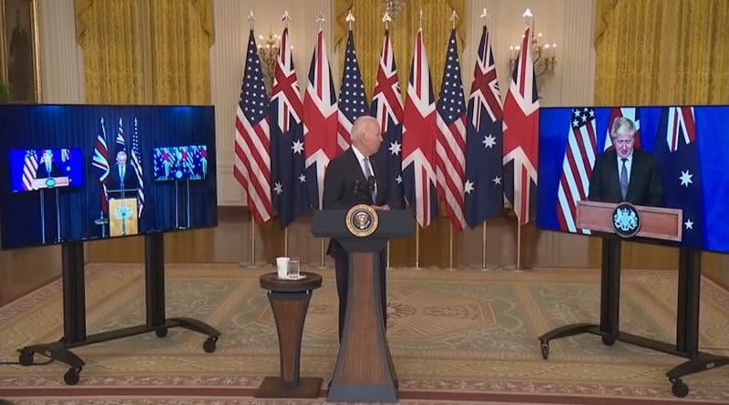 US President Joe Biden with Australia's Prime Minister Scott Morrison (left) and UK Prime Minister Boris Johnson. Photo Credit: White House video screenshot