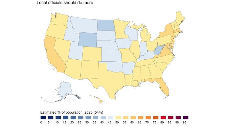 Percentage of adults in each state who think their local officials should do more to address global warming (national average: 54%). Survey done in 2020 by Yale Program on Climate Change Communication. CREDIT: Yale Program on Climate Change Communication