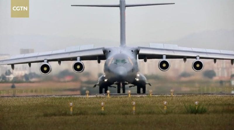 A Y-20, China’s largest type of transport plane, is seen in a screen grab of a video on a Chinese state-run television channel, July 15, 2021. [Courtesy CGTN]