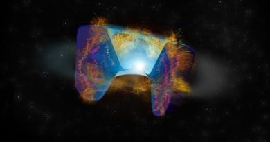 Fast-moving debris from a supernova explosion triggered by a stellar collision crashes into material thrown out earlier, and the shocks cause bright radio emission seen by the VLA. CREDIT: Bill Saxton, NRAO/AUI/NSF