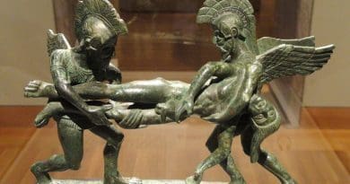 Sleep and Death Carrying off the Slain Sarpedon (cista handle), 400-380 BC, Etruscan, bronze - Cleveland Museum of Art CREDIT: Daderot, CC0, via Wikimedia Commons
