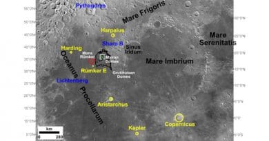 Image showing the location of the Chang’e-5 landing site (43.06°N, 51.92°W) and adjacent regions of the Moon, as well as impact craters that were examined as possible sources of exotic fragments among the recently returned lunar materials. CREDIT: Qian et al. 2021