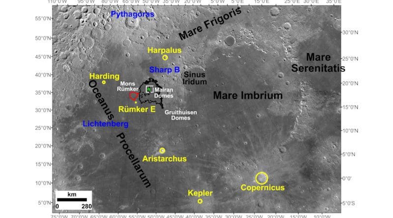 Image showing the location of the Chang’e-5 landing site (43.06°N, 51.92°W) and adjacent regions of the Moon, as well as impact craters that were examined as possible sources of exotic fragments among the recently returned lunar materials. CREDIT: Qian et al. 2021