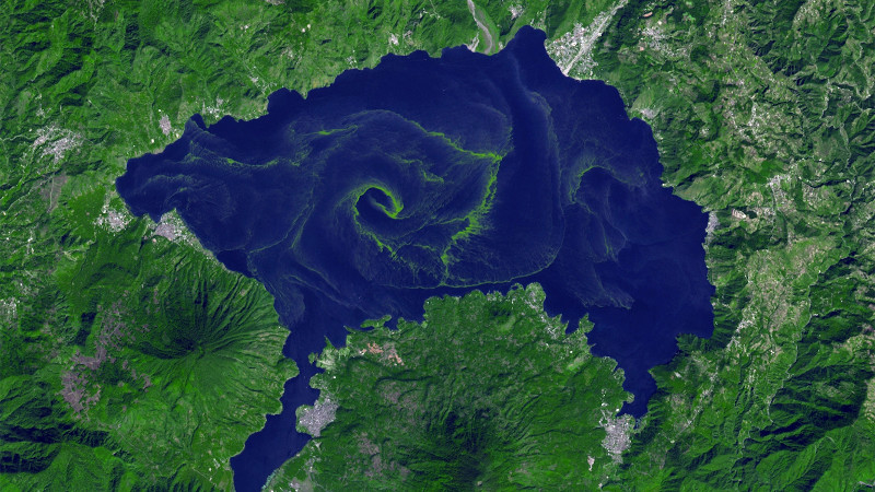 Lake Atitlán’s algae bloom in 2009 as seen from space. Scientists who analyzed satellite images of some lakes across the world have found that algal blooms got worse as temperatures got warmer. Image by NASA’s Terra satellite.