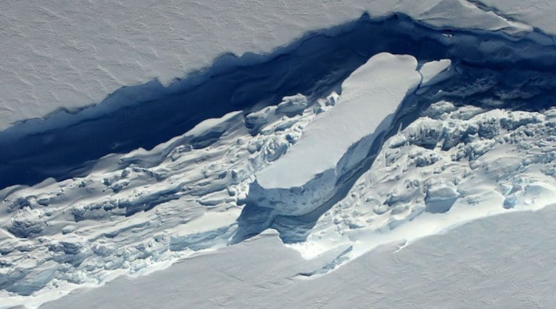 Ice melange, a combination of ice shelf fragments, windblown snow and frozen seawater, can act as a glue to fuse large rifts in floating ice in Antarctica. Researchers at UCI and NASA JPL found that a thinning of the substance over time can cause rifts to open, leading to the calving of large icebergs. CREDIT: Beck / NASA Operation IceBridge