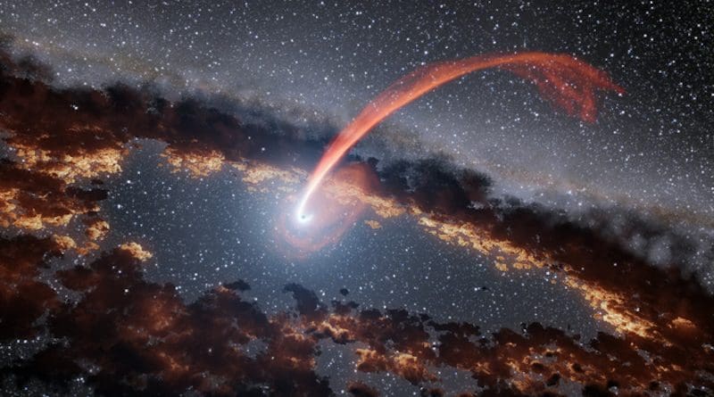 This illustration shows a glowing stream of material from a star, torn to shreds as it was being devoured by a supermassive black hole. The feeding black hole is surrounded by a ring of dust, not unlike the plate of a toddler is surrounded by crumbs after a meal. CREDIT: NASA/JPL-Caltech