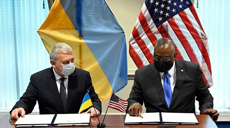 Ukraine Minister of Defense Andrii Taran and US Secretary of Defense Lloyd J. Austin III. Photo Credit: Ukraine government / Twitter