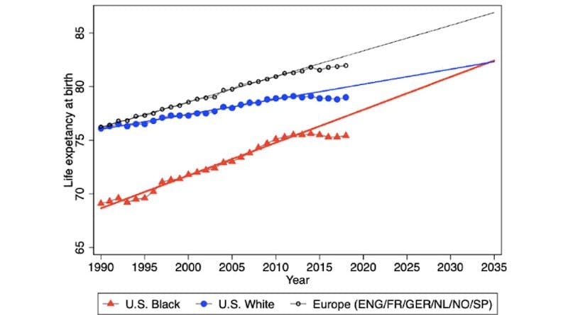 The life expectancy gap between Black and white Americans closed by nearly 50% between 1990 and 2018, and was on track to close entirely by 2036 when life expectancies stalled after 2012. (Photo courtesy of Janet Currie, Princeton University) CREDIT: Janet Currie, Princeton University