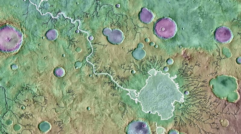 A colored topographical image showing river valleys on Mars. The outlet canyon Loire Vallis (white line) formed from the overflow of a lake in Parana Basin (outlined in white). Black lines indicate other river valleys formed by processes other than lake overflows. Background is colored Mars Orbiter Laser Altimeter-derived topography over a Thermal Emission Imaging System image mosaic. Image is approximately 650 kilometers across. CREDIT: NASA/GSFC/ JPL ASU