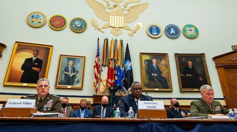 Secretary of Defense Lloyd J. Austin III, Army Gen. Mark A. Milley, chairman of the Joint Chiefs of Staff, and Marine Corps Gen. Kenneth F. McKenzie, commander of U.S. Central Command, testify before the House Armed Services Committee on the conclusion of military operations in Afghanistan, Sept. 29, 2021. Photo Credit: Chad McNeeley, DOD