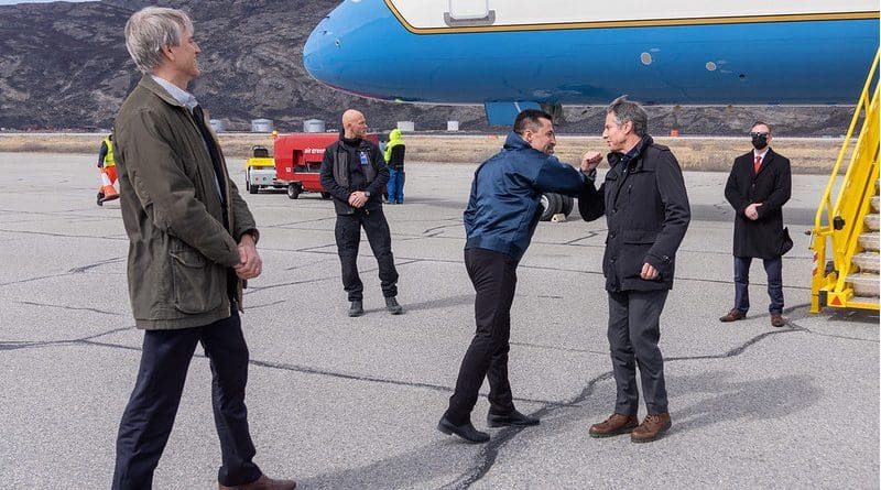 Secretary of State Antony J. Blinken arrives in Kangerlussuaq, Greenland on May 20, 2021. The Secretary was greeted upon arrival by Greenlandic Premier Mute Egede and Charge d'Affaires to U.S. Mission Demark Stuart A. Dwyer. [State Department photo by Ron Przysucha/ Public Domain]