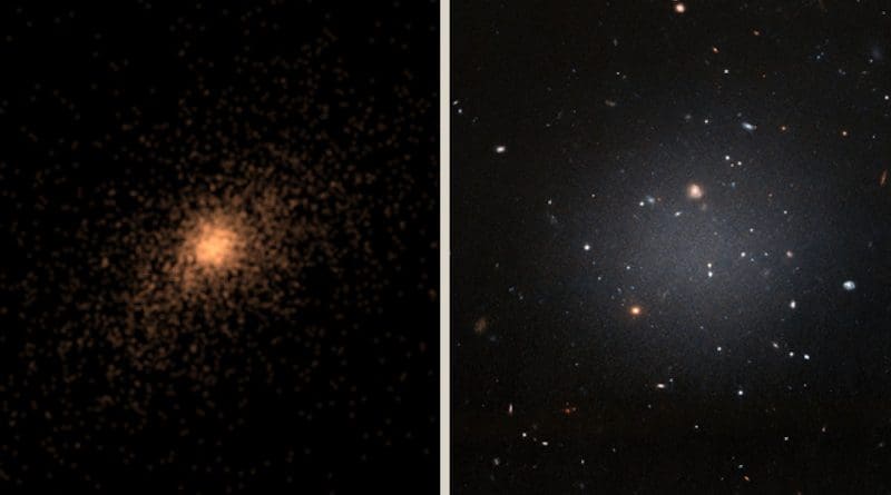 On the left, one of the ultra-diffuse galaxies that was analyzed in the simulation. On the right, the image of the DF2 galaxy, which is almost transparent. CREDIT: ESA/Hubble.