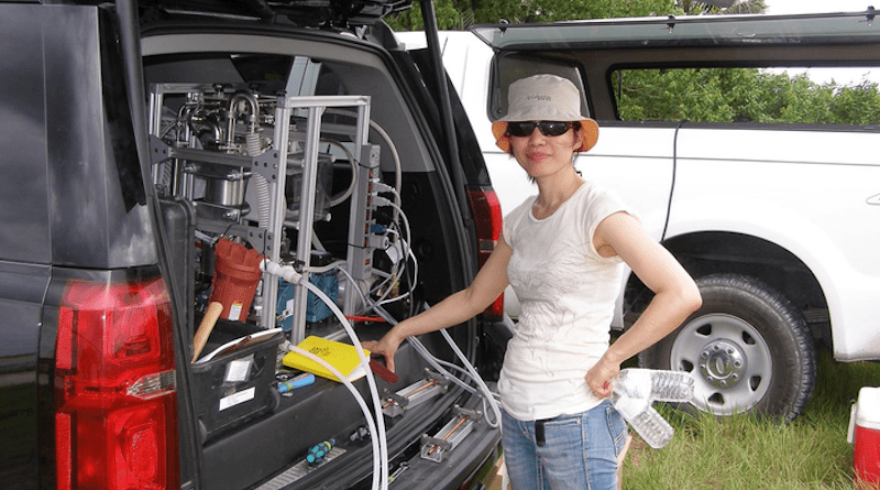 Scientist Reika Yokochi collecting water samples from the Floridan Aquifer. The team collected samples from eight wells and extracted the gas dissolved in the water, including the krypton-81, to analyze at Argonne’s TRACER Center. CREDIT: (Image by Argonne National Laboratory.)