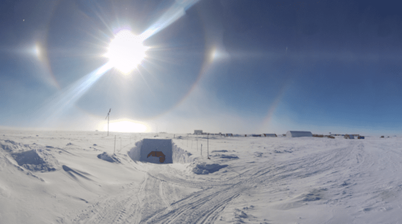 Panoramic view of the Concordia station on the Antarctic plateau during the "sun dog" phenomenon, a peculiar solar halo occurring in polar regions. CREDIT: CNR-Isp