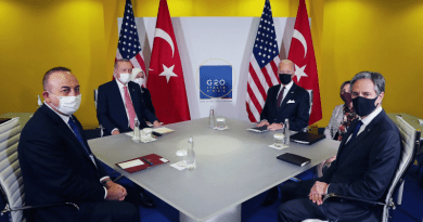 Turkey's President Recep Tayyip Erdogan (L back), Turkish Foreign Minister, Mevlut Cavusoglu (L), U.S. President Joe Biden (R back) and U.S. Secretary of State Antony Blinken (R) attend a meeting during the G20 Summit at the Roma Convention Center La Nuvola in Rome, Italy. Photo Credit: Turkish Presidential Office